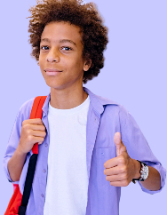Confident GED student giving thumbs up with backpack, ready to start learning in South Africa